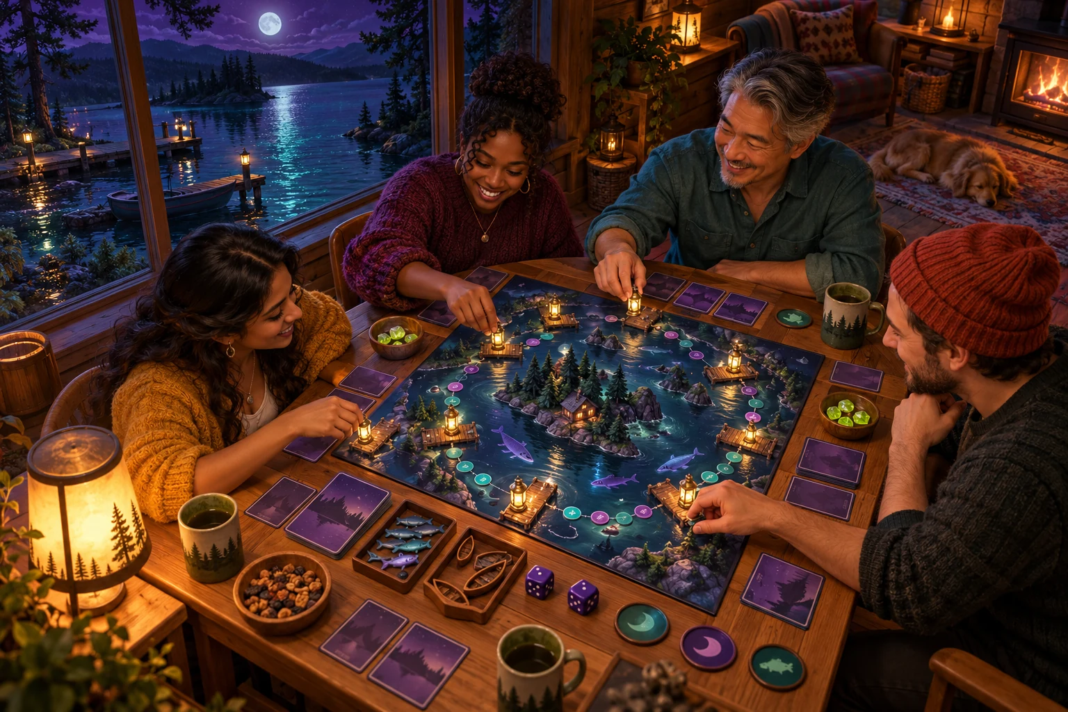 Afterglow Anglers illustrated tabletop game-night scene