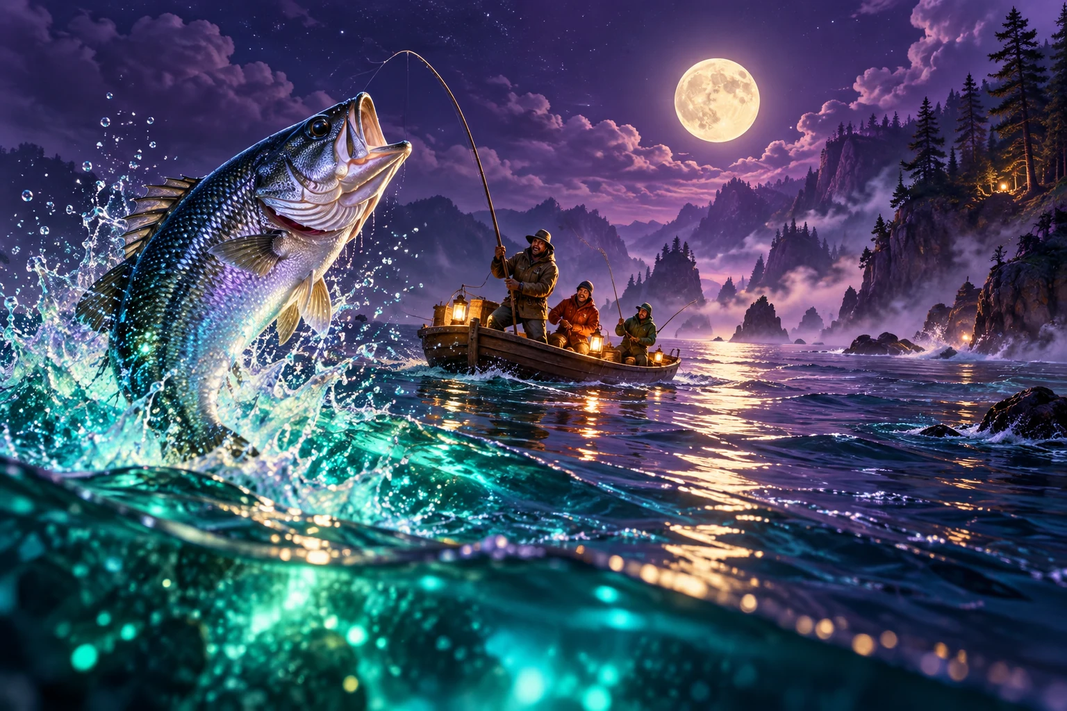 Moonlit fishing coast with luminous boat and lanterns